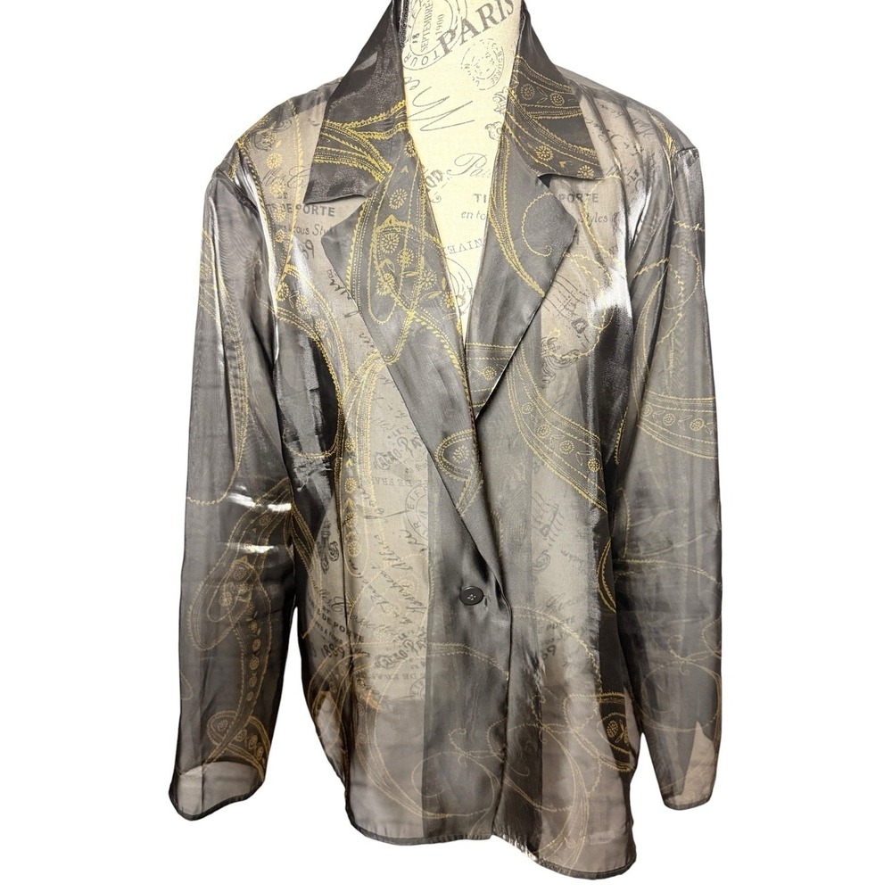 Vtg Sheer Paisley Blazer Jacket Womens Large Black Gold‎ Y2K NYE Party Organza